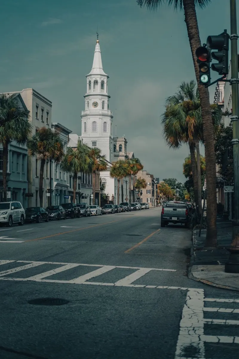A Charleston street lined with palms, St. Michael's Church steeple in the distance